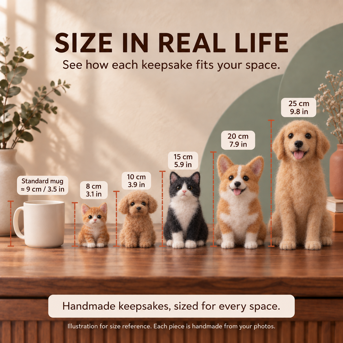 Size guide for DearTuft needle-felted pet keepsakes: 8, 10, 15, 20, 25 cm compared with a standard mug