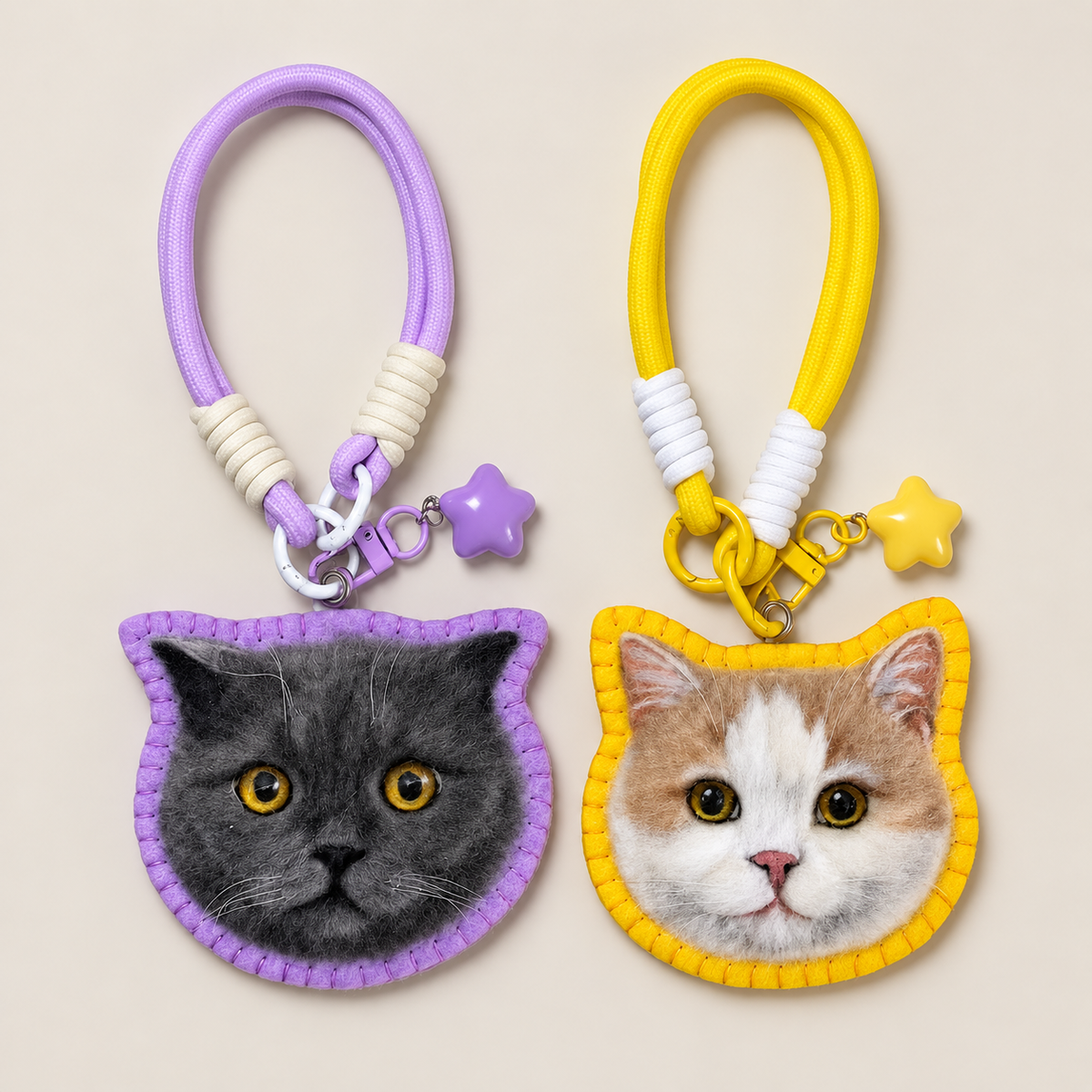 Handmade wool-felt cat charms side by side, front view