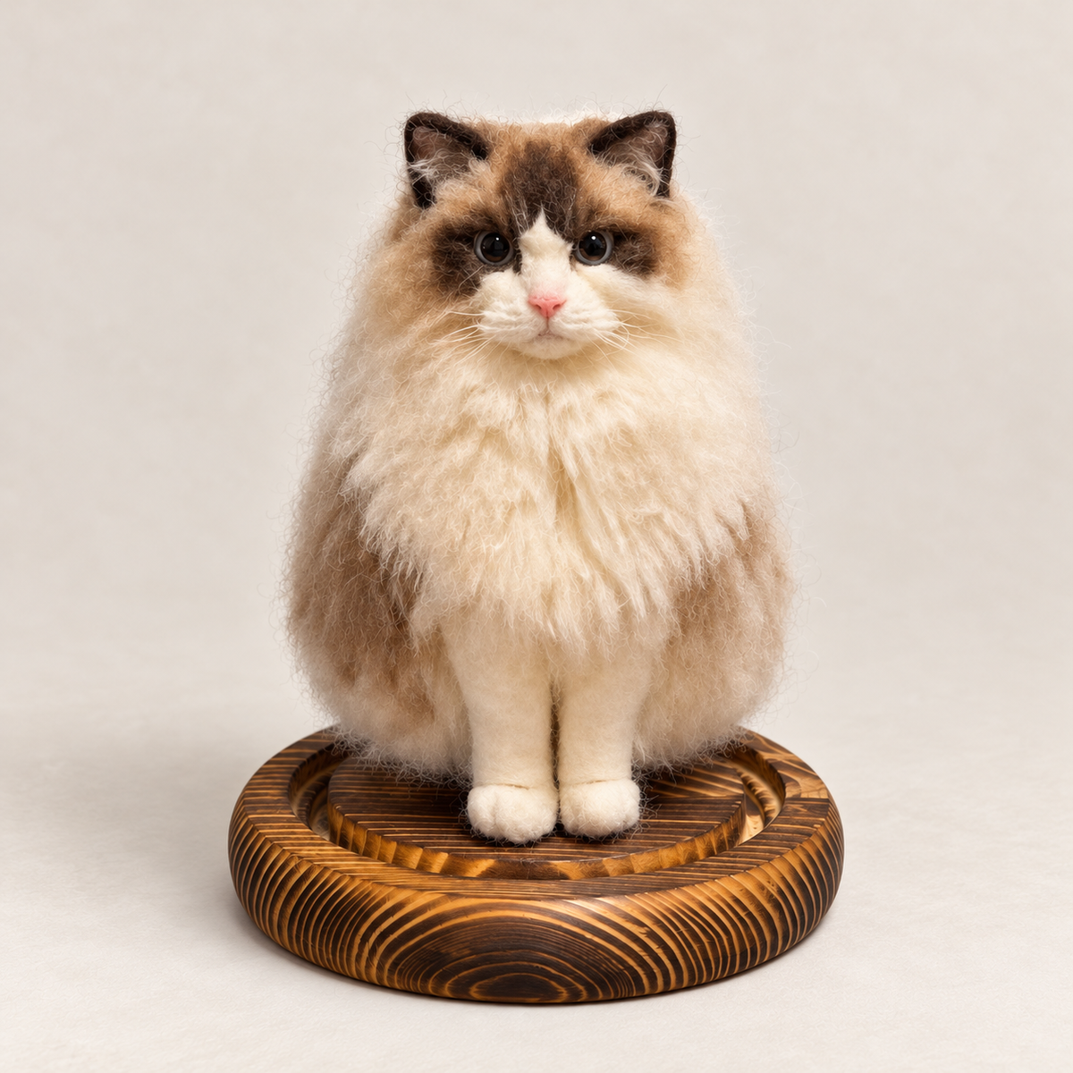 Handmade wool-felt fluffy cat figure sitting on a wooden base, front view