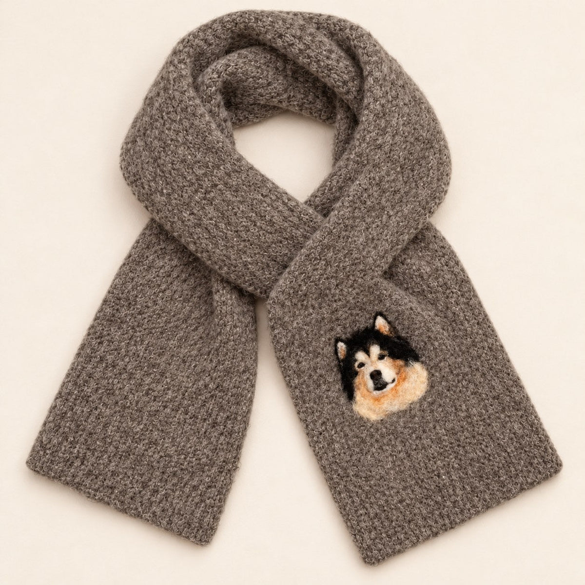 Custom wool-felt pet portrait scarf with gray husky